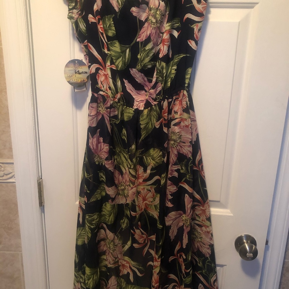 Off the shoulder tropical high low romper